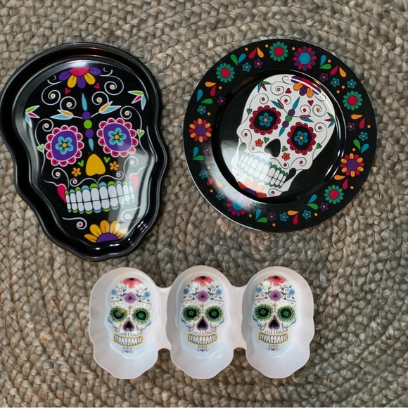 Dia de los Muertos skulls decor party serving tray plate NEW Day of the dead 3pc - Picture 1 of 9